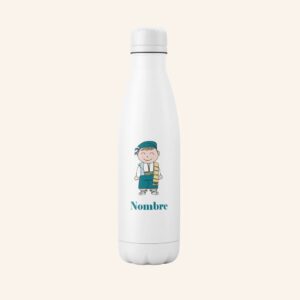Botella blanca con dibujo de fallero y la palabra nombre ofrecida por Canella en Rama