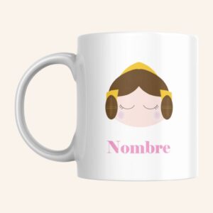 Taza blanca con cara de fallera y la palabra nombre ofrecida por Canella en Rama