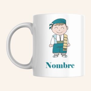 Taza blanca con dibujo de fallero y la palabra nombre ofrecida por Canella en Rama