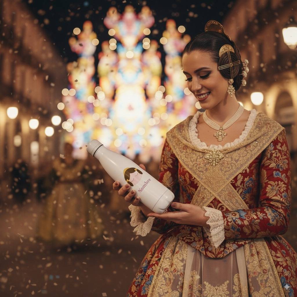 Fallera mirando la botella personalizada para falleras de Canella en Rama