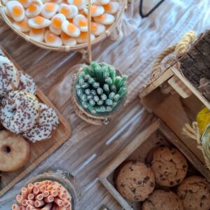Vista superior de dulces y chuches variados en una mesa dulce rústica para boda