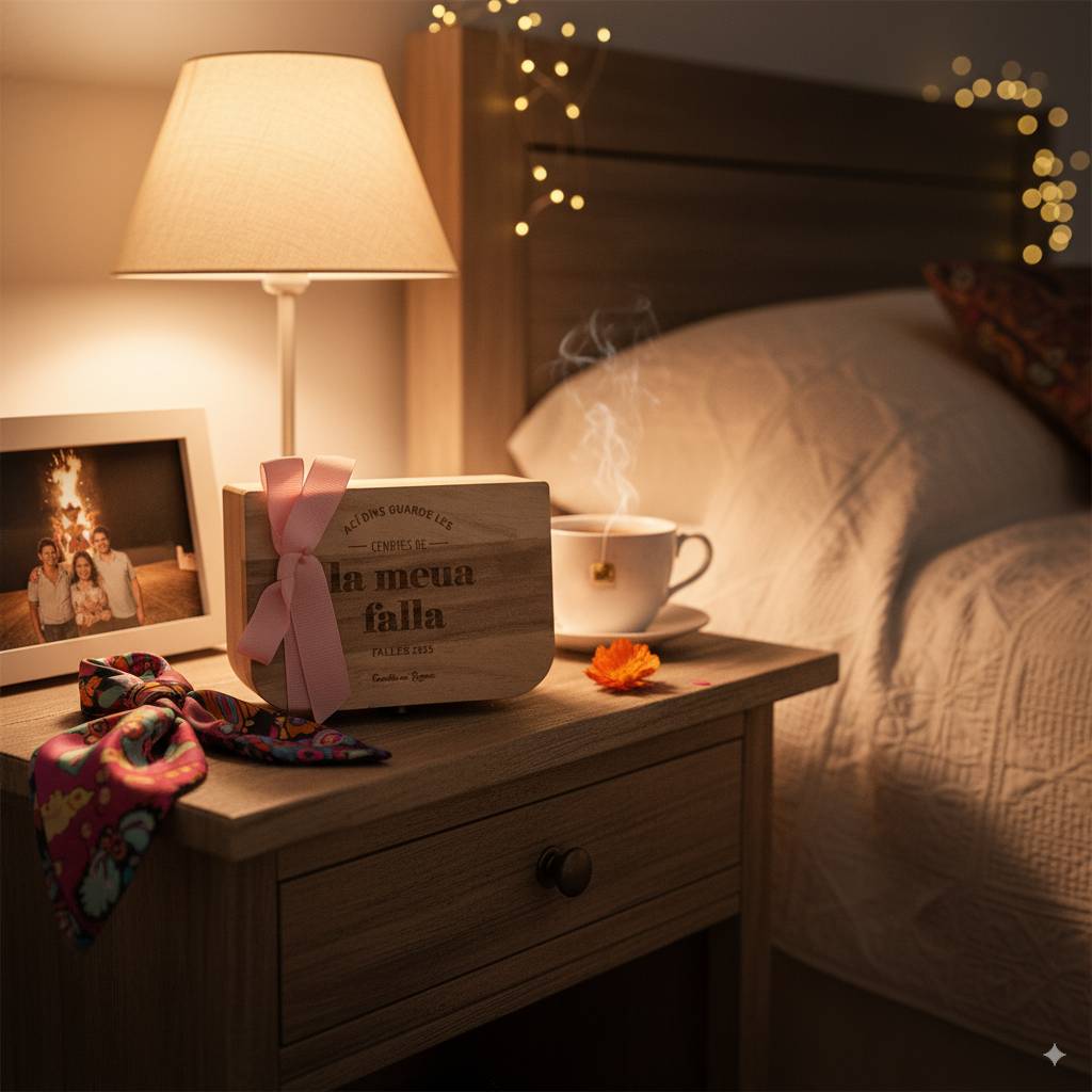 Caja de madera personalizada para guaradar las cenizas de las fallas en habitación