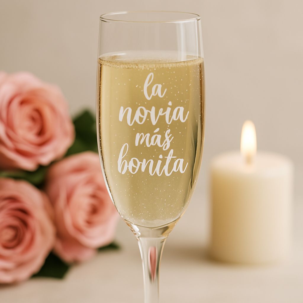Copa de cristal para novia con frase grabada, junto a rosas y vela encendida