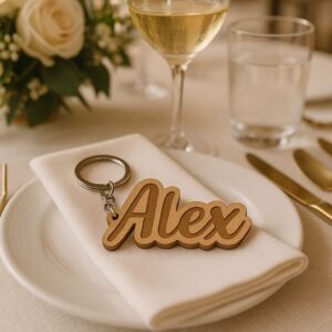 Llavero en madrea con el nombre Alex como detalle de regalo de boda