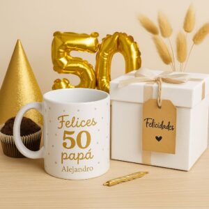 Taza, globo y caja para 50 cumpleaños de Canella en Rama