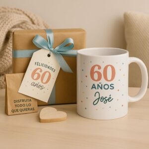 pack de regalos personalizados para 60 cumpleaños con taza de lunares y el nombre Jose, y una caja con etiqueta de 60 cumpleaños