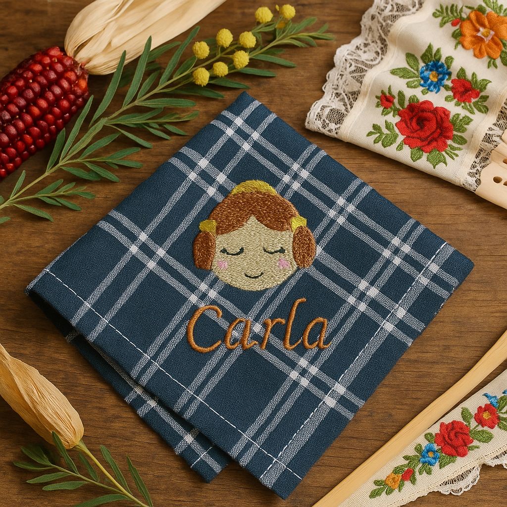 Paño fallero de cuadros azules con bordado de una fallera sonriente y el nombre 'Carla', acompañado de elementos tradicionales como abanico con flores bordadas, hojas verdes y mazorca roja sobre mesa de madera