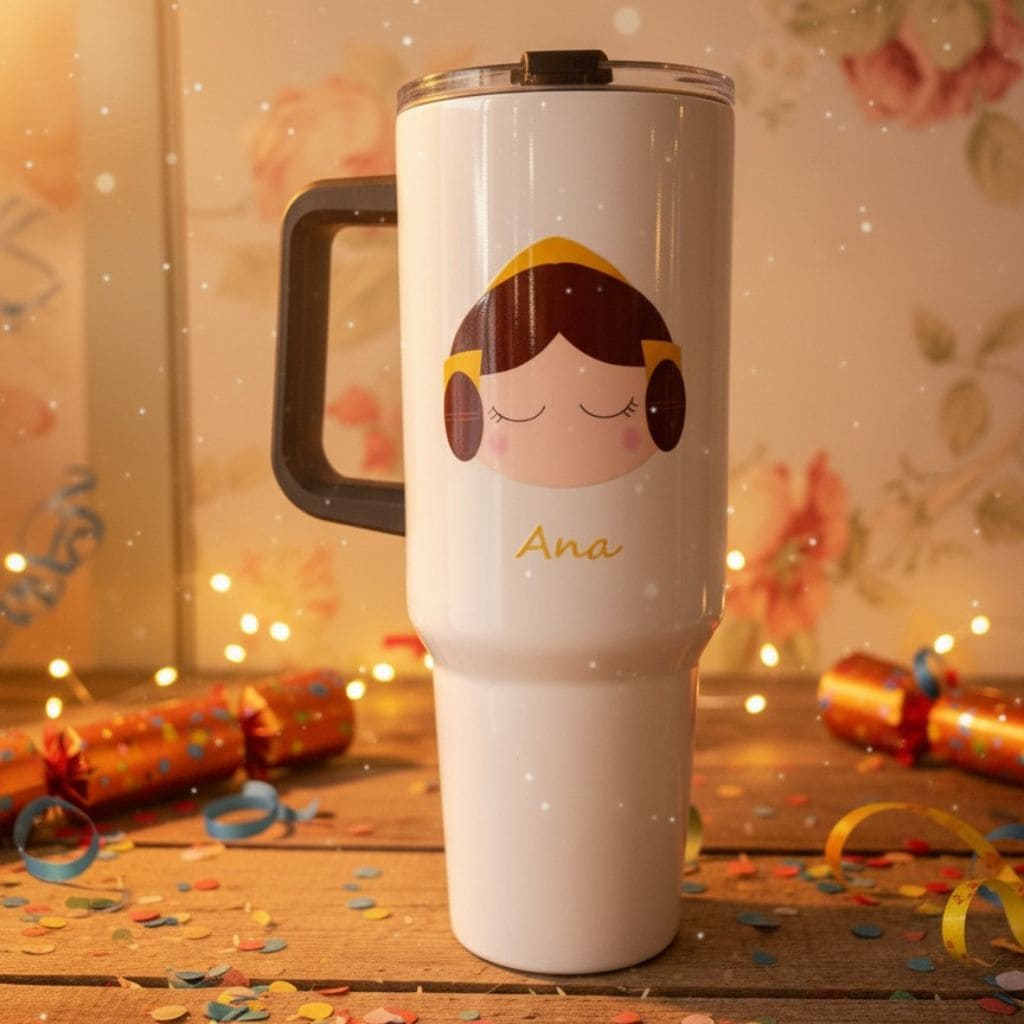 Vaso térmico con ilustración de fallera y el nombre Ana sobre una mesa de madera con confeti y decoración festiva.