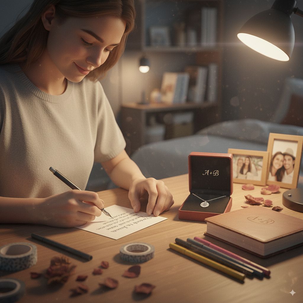 Novia redactando una dedicatoria corta para el regalo personalizado de su novia en la oscuridad