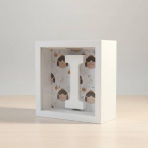 Hucha fallera personalizada con inicial I sobre mesa