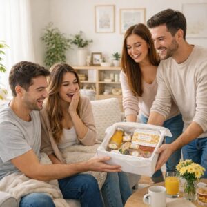 pareja sorprendiendo a otra pareja durante la mañana con un desayuno de Canella