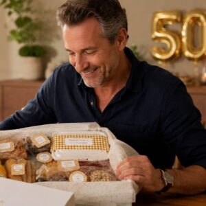 Hombre celebrando su 50 cumpleaños con el desayuno de Canella en Rama
